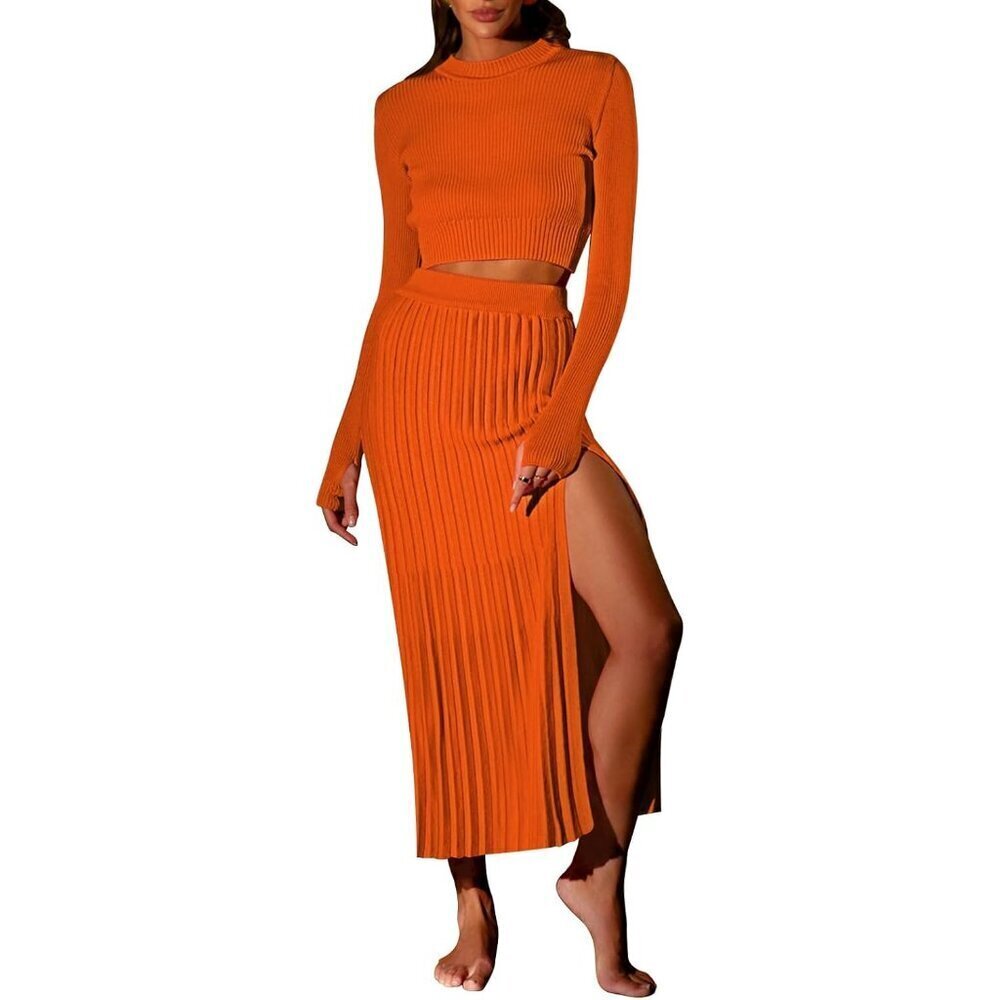Women Winter Knit Sweater Crop Top & Pleated Bodycon Skirt Set
